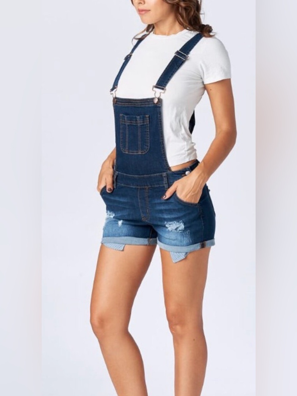NWOT-Wax Jean 90’s Dark Indigo Denim Overall Shorts Distressed Stretchy Sz Small